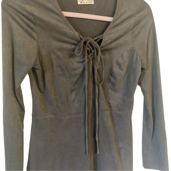 Y2K Blue Blush Tie Front Fitted Gray Mini Dress Faux Suede Long Sleeves Medium - Picture 3 of 7